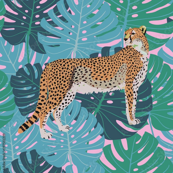 Fototapeta Summer vector seamless tropical pattern with bright leaves and cheetah. Modern abstract design for fabric, paper, interior decor. Colorful Hawaiian ornament green, blue leaf color