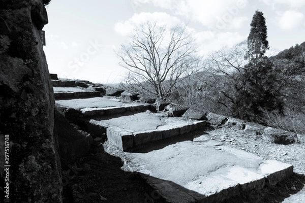 Obraz 山並みと石階段のある風景