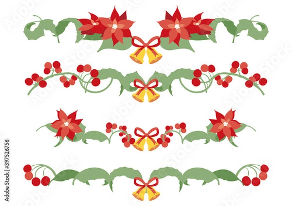 Obraz ポインセチアと柊、ベルとリボンを用いたフレーム　ライン素材