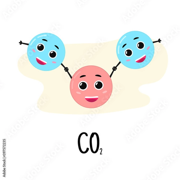 Fototapeta Structure of carbon dioxide molecule. Cartoon character. Study of chemistry. Vector illustration.