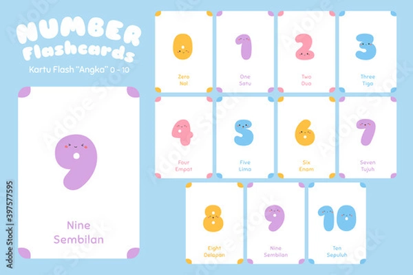 Fototapeta Number bilingual flashcards vector set. Cute Number 0 to 10  educational flashcards for kids.