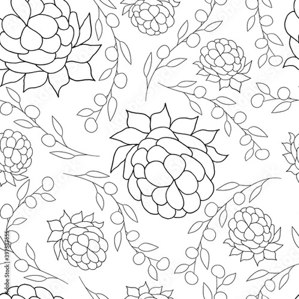 Fototapeta Berries on a white background. Vector outlines seamless pattern. Design for cloth, print, wrapping.