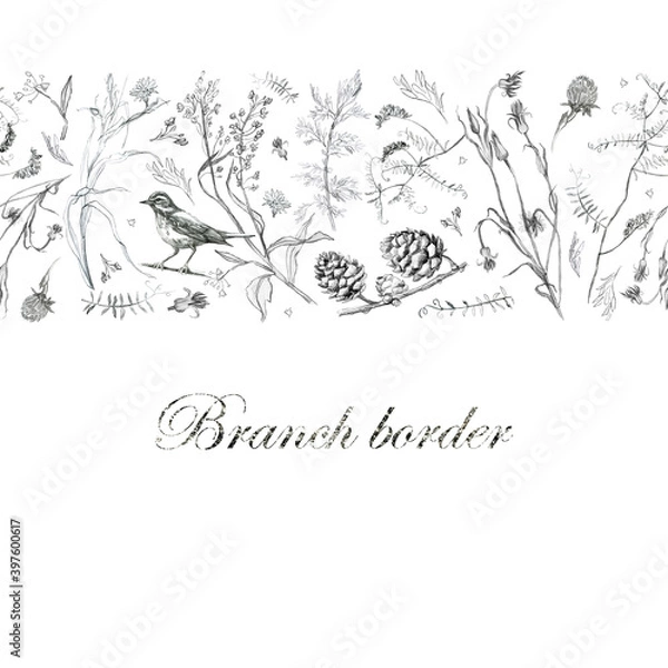 Obraz Illustration, pencil. Border from leaves and branches of plants, birds. Freehand drawing of flowers on a white background.