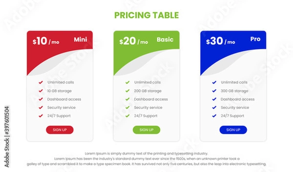 Fototapeta Modern pricing comparison table with three subscription plans and place for description. Flat pricing table design template for or websites and applications.