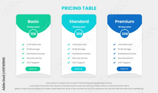 Fototapeta Modern pricing comparison table with three subscription plans and place for description. Flat pricing table design template for or websites and applications.
