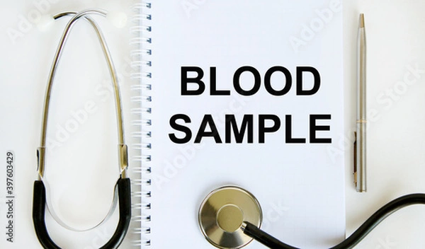 Fototapeta In the notebook, blood SAMPLE text, pen and stethoscope next to it.