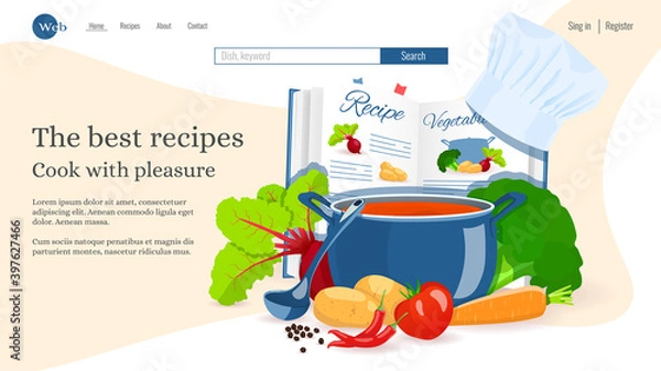 Fototapeta Website design, Recipe book, Pan with soup, Vegetables . Recipes, homemade food, food preparation, learning concept. Vector illustration for poster, banner, website development.