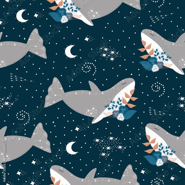 Fototapeta Dolphins in the night space sky with stars, vector illustration seamless pattern