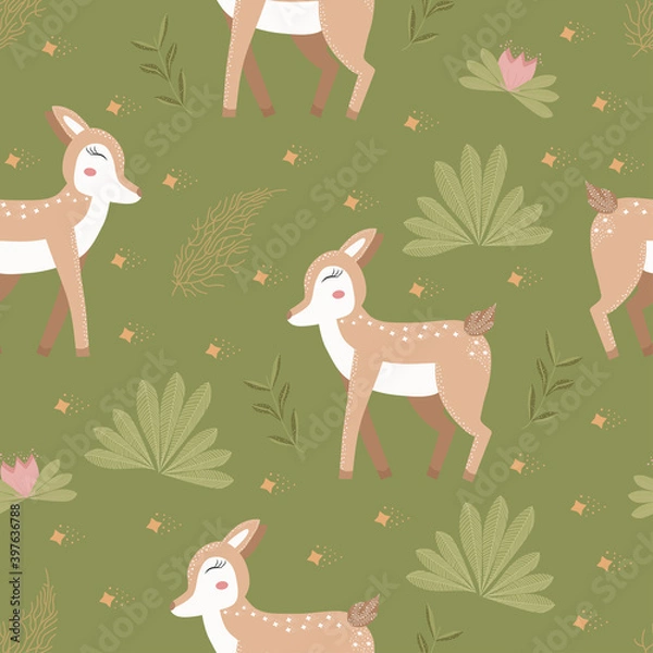 Obraz Vector deer.cartoon animals on a green background. Flat element for your design, pattern