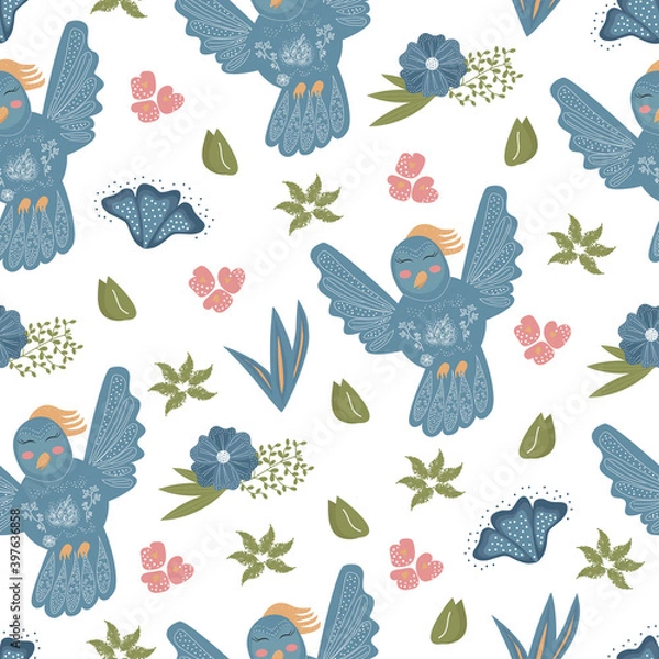 Obraz Blue birds, floral seamless pattern. Vector illustration.