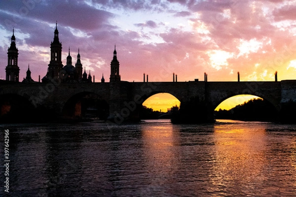 Obraz river bridge at sunset