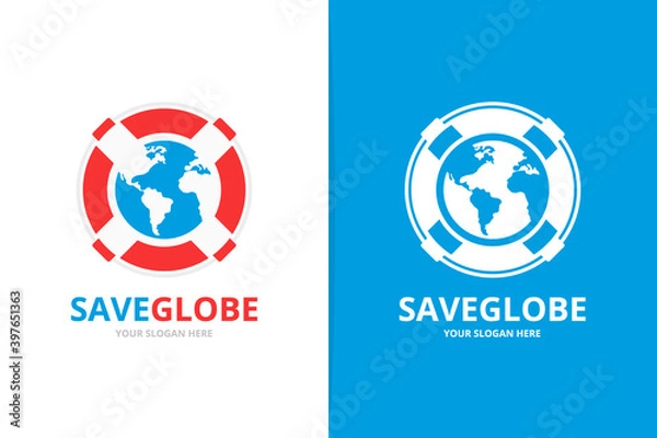 Obraz Vector lifebuoy and earth logo combination. Unique lifeboat and globe logotype design template.