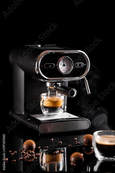 Fototapeta cafe in a coffee maker with chocolate and tiramisu