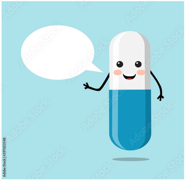 Obraz cute pill capsule and dialogue bubble on blue background
