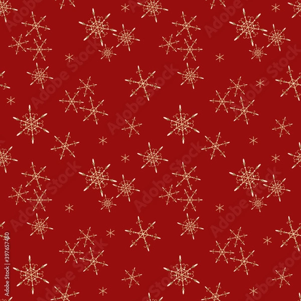 Fototapeta Golden vector snowflakes seamless pattern. Elegant red Christmas and New Year background texture with gold snow, small snowflakes, sparkles. Winter holidays theme. Luxury repeat design for decoration