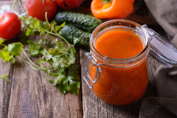 Fototapeta Сanning tomato juice and vegetables at home