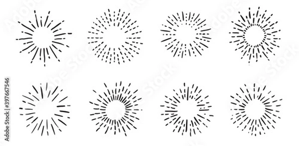 Fototapeta Firework hand drawn icons set. Sun rays images. Vector.	