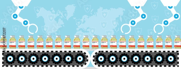 Fototapeta Production and distribution of a COVID-19 vaccine. Design by yellow vaccine bottles sliding on factory belt for manufacturing with robotic hands. Coronavirus Science laboratory metaphor Poster. Vector