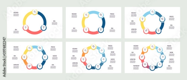 Fototapeta Business infographic. Charts with 3, 4, 5, 6, 7, 8 steps, options. Vector template.