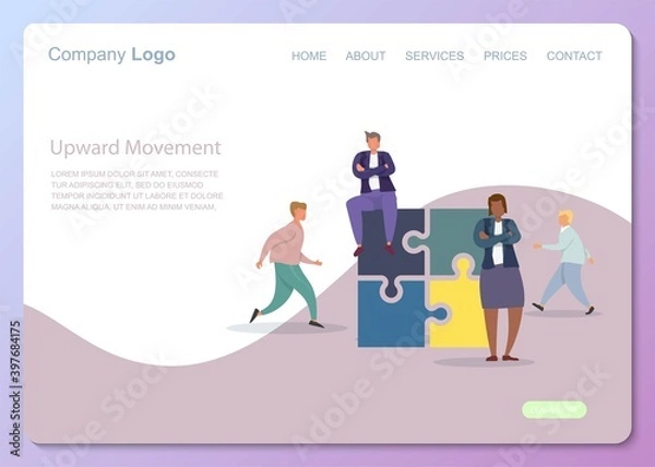 Fototapeta Business flat concept. Team puzzle metaphor. People connecting puzzle elements. Flat illustration flat design simple style. Symbol different races teamwork, heterosexual cooperation, partnership
