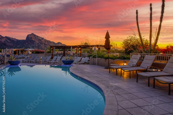 Obraz Arizona resort with pool during sunset