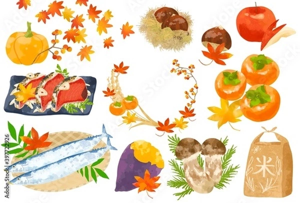 Obraz かわいいタッチの食欲の秋イラスト素材セット