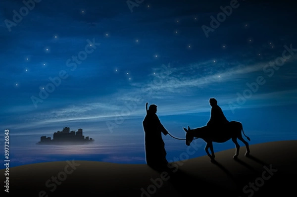Fototapeta Christmas nativity scene of Joseph and Mary with donkey on the way to Bethlehem