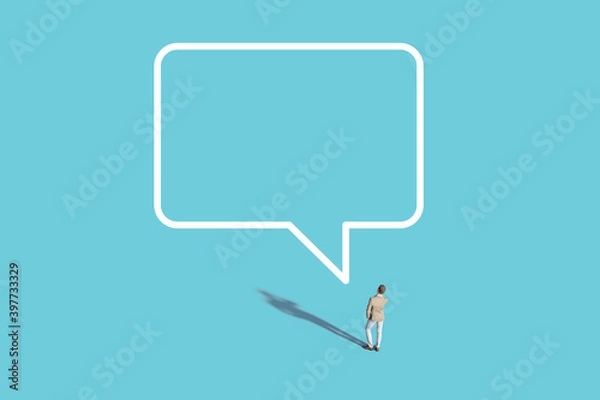 Obraz person with bubbles. 3d Smart Casual Man Confidently Talking On Phone In Colourful Space With Empty Speech Bubble. Illustration. Unrecognisable, Created In 3d Software. 3d Rendering.