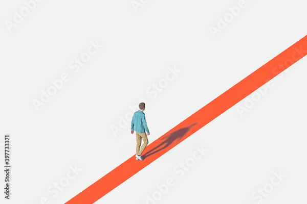 Fototapeta 3d man walking on a red line. Young Man Walking In Colorful Space, Illustration. Unrecognisable, Created In 3d Software. 3d Rendering.