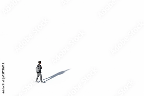 Fototapeta Young Man, Holding Back Pack, Walking Isolated Against White, Illustration, Template, Mock Up, Blank. Unrecognisable, Created In 3d Software. 3d Rendering.