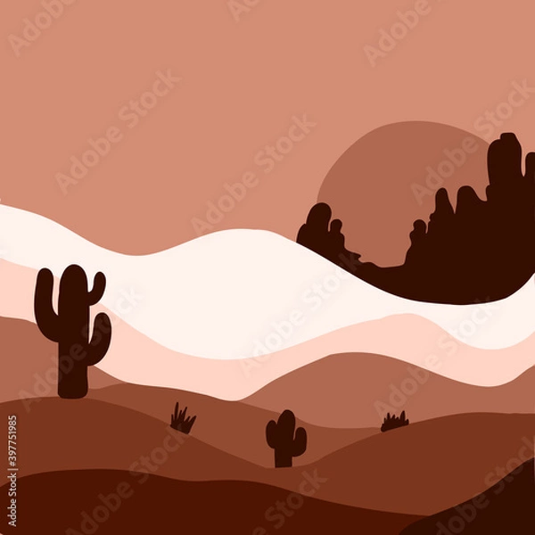 Obraz Vector nature landscape illustration of desert in brown colors. Beautiful Western Desert Landscape with Sky Rock