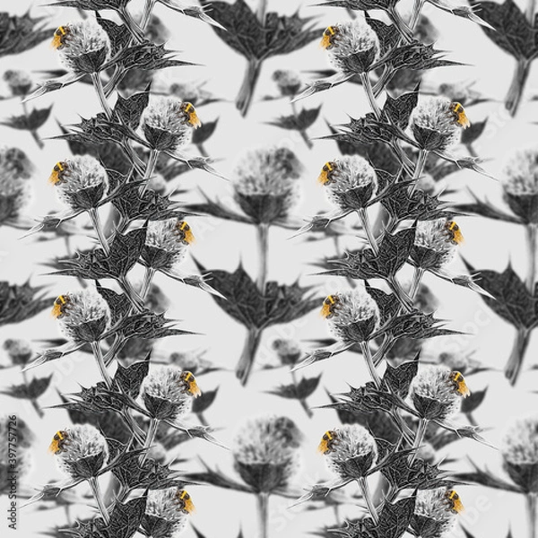 Obraz Thistle. Seamless watercolor floral pattern