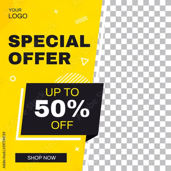 Obraz Yellow social media post design template for a special offer. Editable banner for digital marketing.
Geometric style banner template. Square Stories. Stock vector illustration.