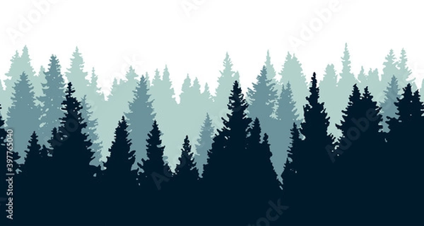 Fototapeta Vector illustration of northern forest. Silhouettes of spruce in a mist. Seamless vector background. 