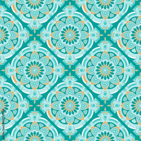 Fototapeta Ethnic tight vector pattern. Green rhombus mandalas