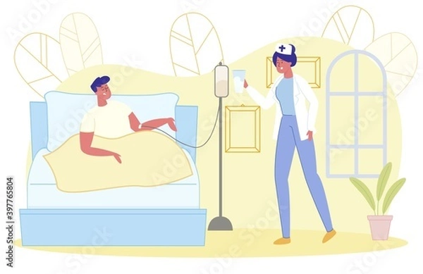 Fototapeta Nurse Setting Up Dropper to Man Lying in Bed.