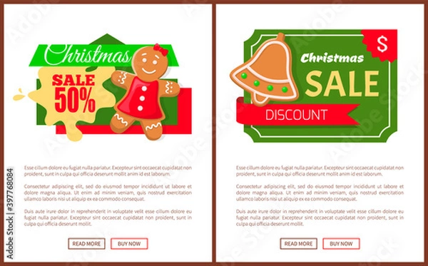 Fototapeta Christmas sale gingerbread woman and jingle bell cookie on labels, vector web pages templates with text samples. Christmas sites design with price tags
