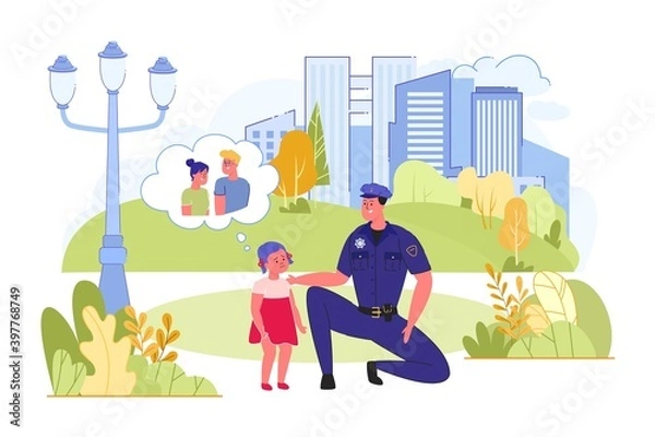 Fototapeta Policeman Finding Lost Child Girl and Helping her.