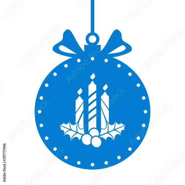 Obraz Bauble stencil for paper craft. Christmas ball with a silhouette for cutting. Xmas ornament stencil. Three burning candles and a holly plant. Window decoration, laser carving from wood. Vector