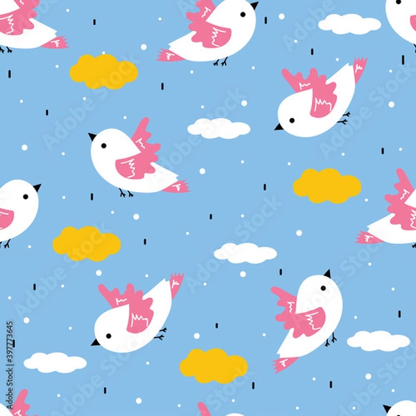 Fototapeta Seamless pattern with cartoon birds and clouds. for fabric print, textile, gift wrapping paper. colorful vector for kids, flat style