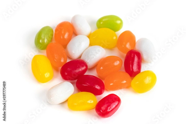Fototapeta Multiple jelly bean candy sweets on white background