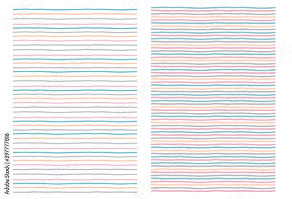 Fototapeta Vector subtle background with blue, orange and pink thin stripes for kids nursery room. Seamless pattern for with simple colored lines.