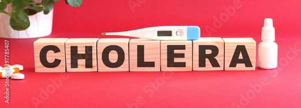 Fototapeta The word CHOLERA is made of wooden cubes on a red background. Medical concept.