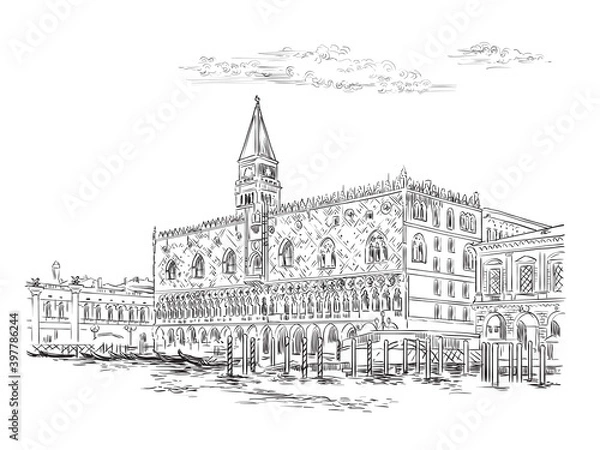 Fototapeta Venice skyline hand drawing vector illustration Doges Palace