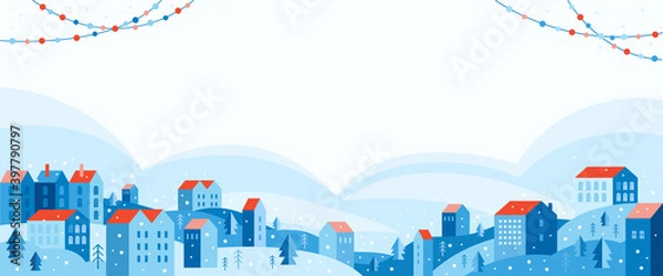 Fototapeta Urban landscape in a geometric minimal flat style. Festive snow city in winter decorated with garlands. Cozy houses on a hill among trees. New year and Merry Christmas. Abstract horizontal banner.
