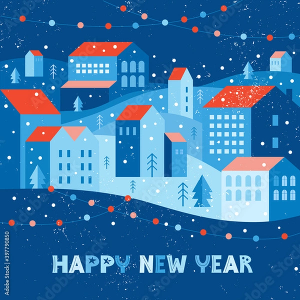 Fototapeta Festive snow city in winter decorated with garlands. Urban landscape in a geometric minimal flat style. Houses on a hill among snowdrifts. Happy new year banner or card. Holiday greeting card text.