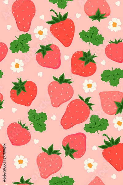 Fototapeta Seamless pattern with strawberries and flowers. Vector graphics.