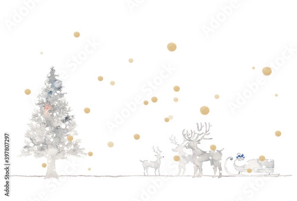 Obraz 銀色のクリスマス、もみの木とトナカイと金色の雪