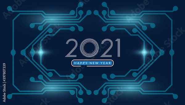 Fototapeta 2021. Happy new year 2021 text design with circuit board technology background