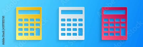 Obraz Paper cut Calculator icon isolated on blue background. Accounting symbol. Business calculations mathematics education and finance. Paper art style. Vector.